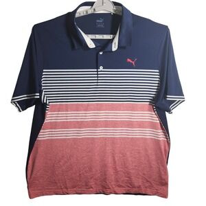 Puma Golf Polo‎ Shirt XXL Mens Navy Blue Red Striped Short Sleeve Athletic